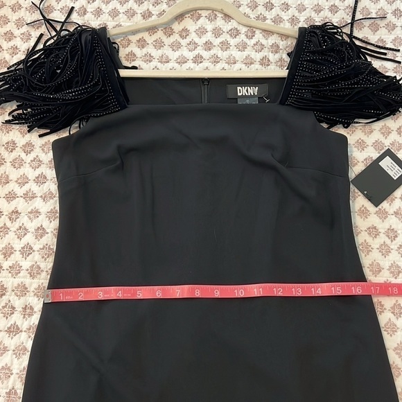 NWT DKNY Donna Karan Black Cocktail Sheath Dress Studded Fringe Shoulder Size 4 - Picture 6 of 16